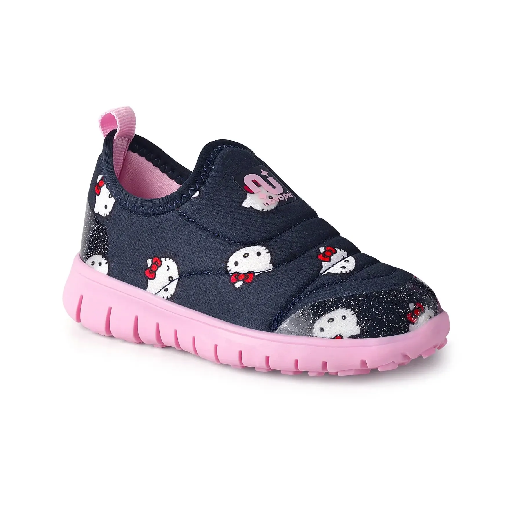 Tênis infantil Novopé Hello Kitty slip on marinho com solado rosa vista lateral